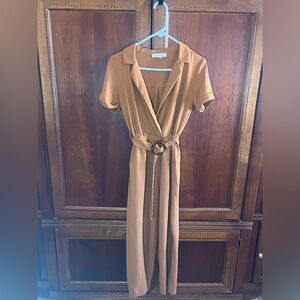 Camel Belted Wide Leg Jumpsuit Short Sleeve V Neck